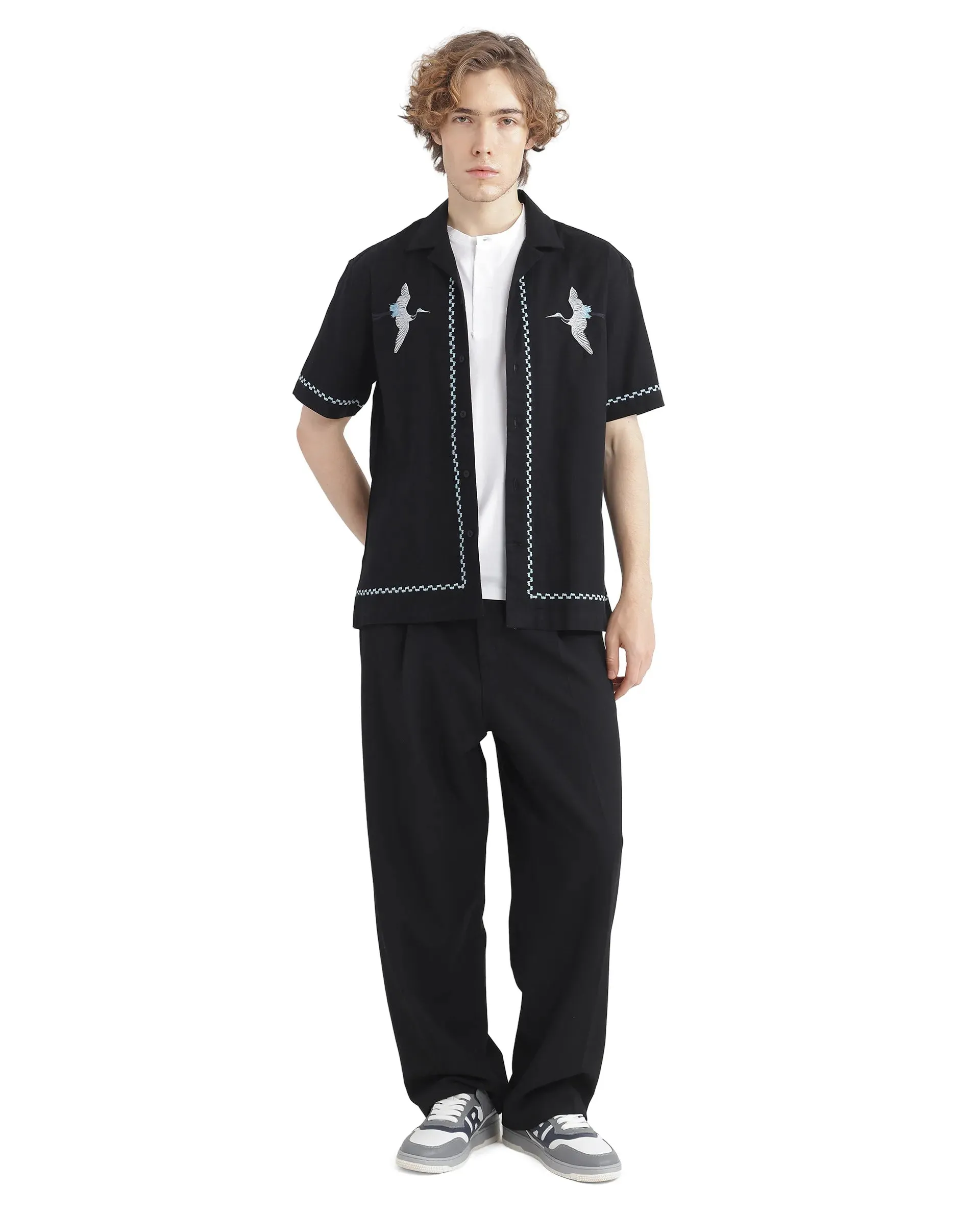 Rare Rabbit Men Yoko Black Cotton Fabric Cuban Collar Embroidered Shirt