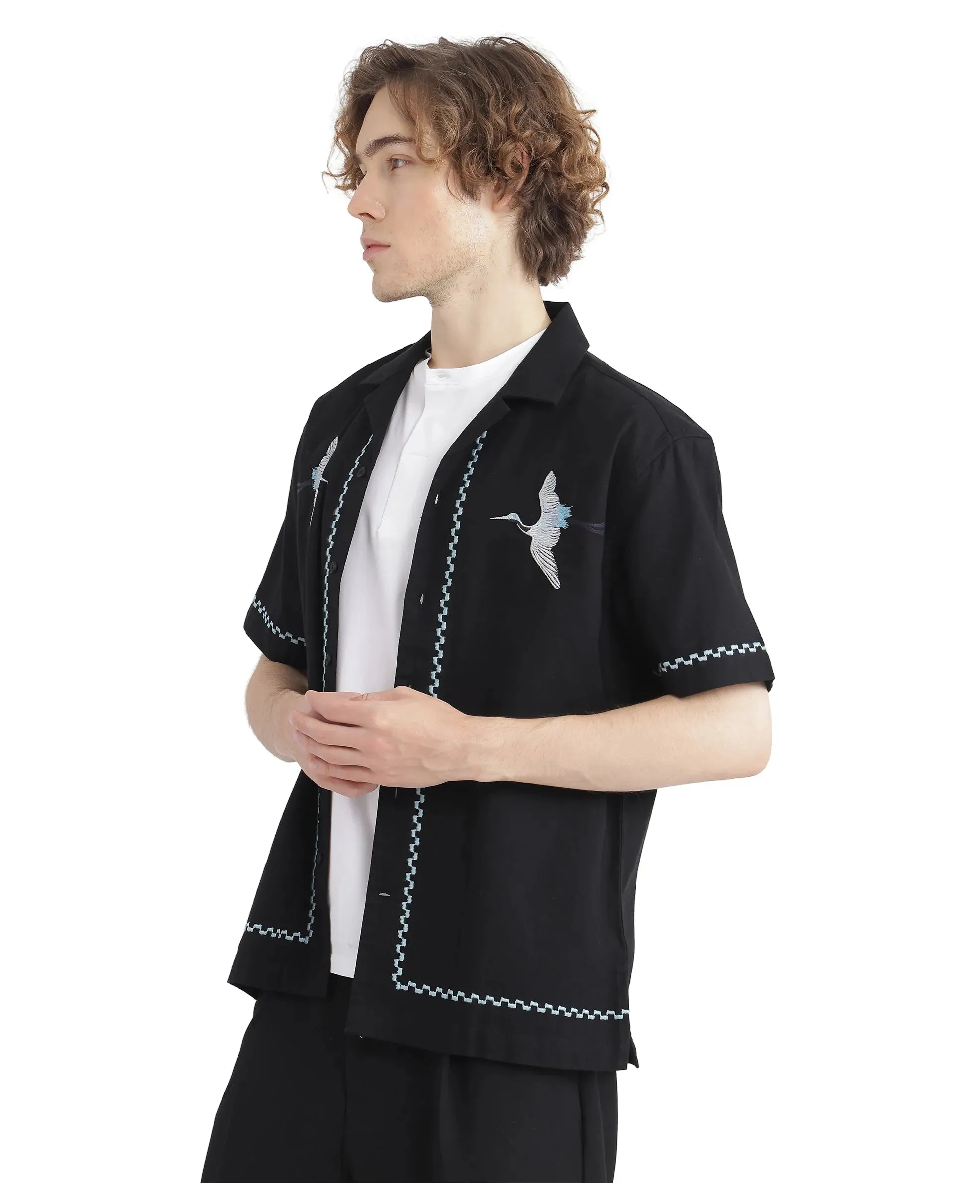 Rare Rabbit Men Yoko Black Cotton Fabric Cuban Collar Embroidered Shirt