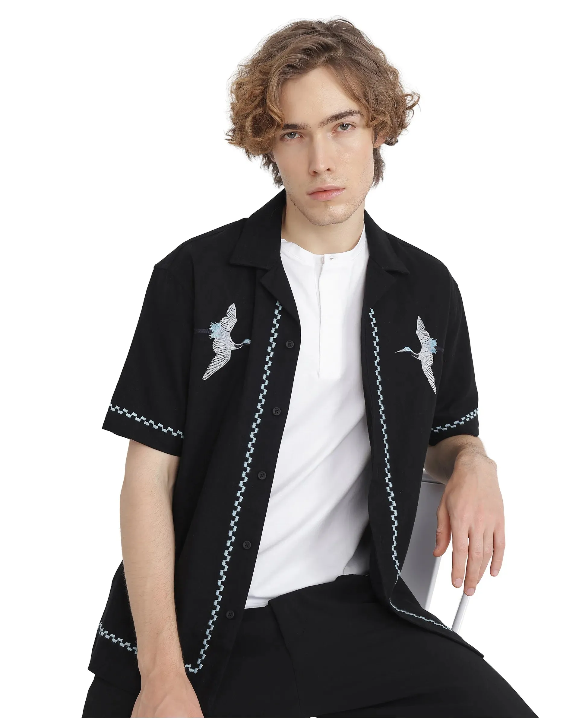 Rare Rabbit Men Yoko Black Cotton Fabric Cuban Collar Embroidered Shirt