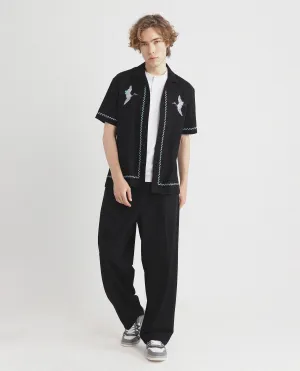 Rare Rabbit Men Yoko Black Cotton Fabric Cuban Collar Embroidered Shirt