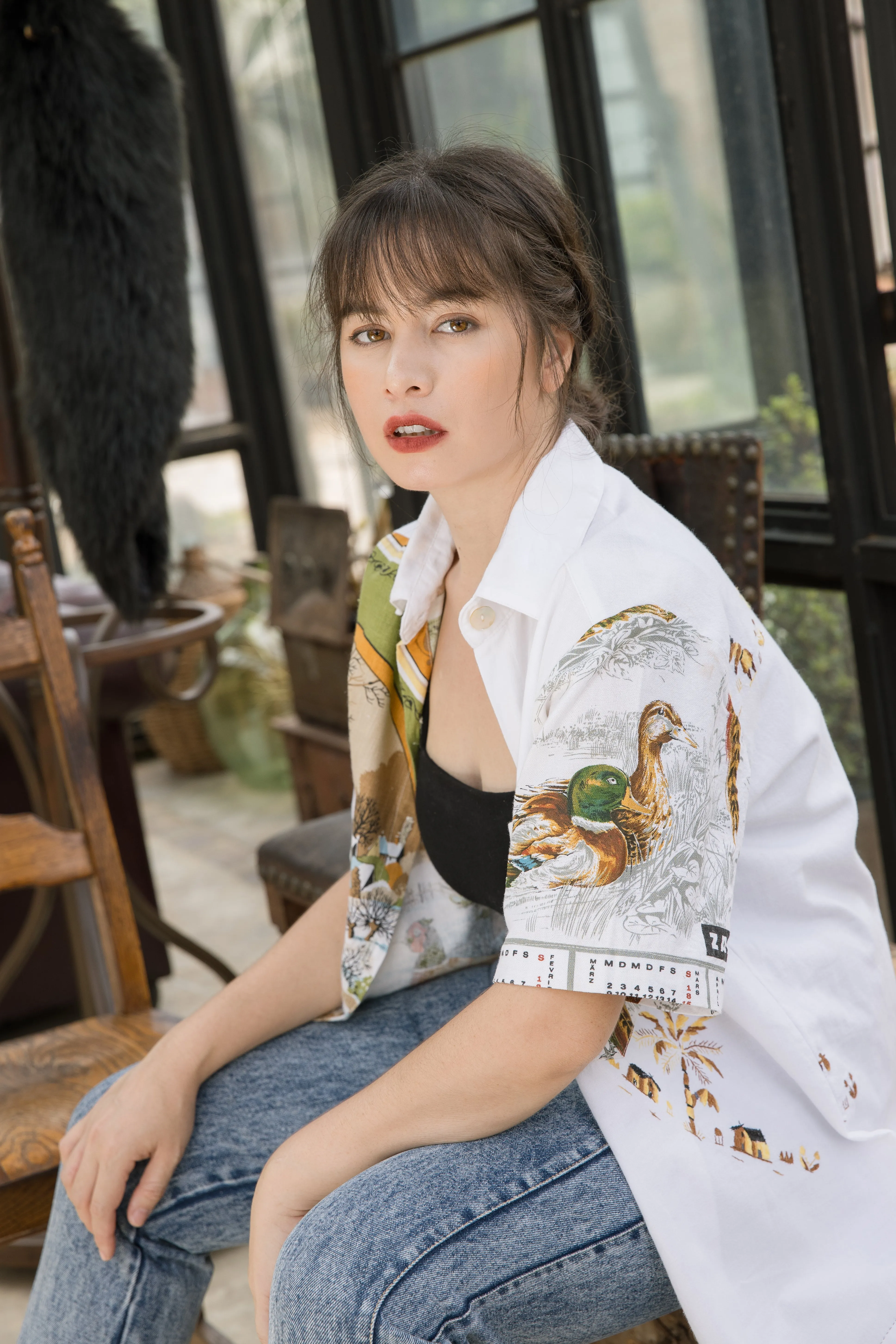 Re-Top Upcycled Quail Print Farm Embroidered Shirt