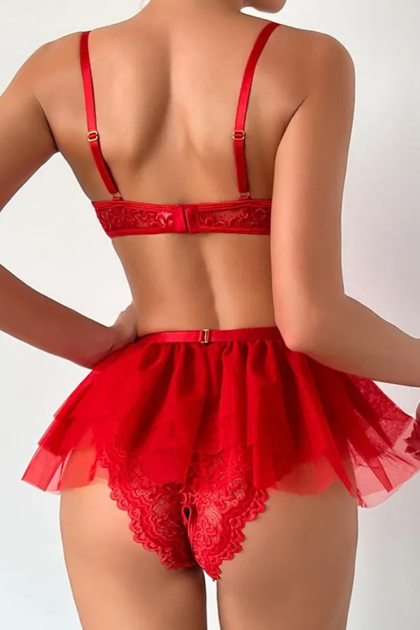 Red Lace Teddy with Removable Skirt