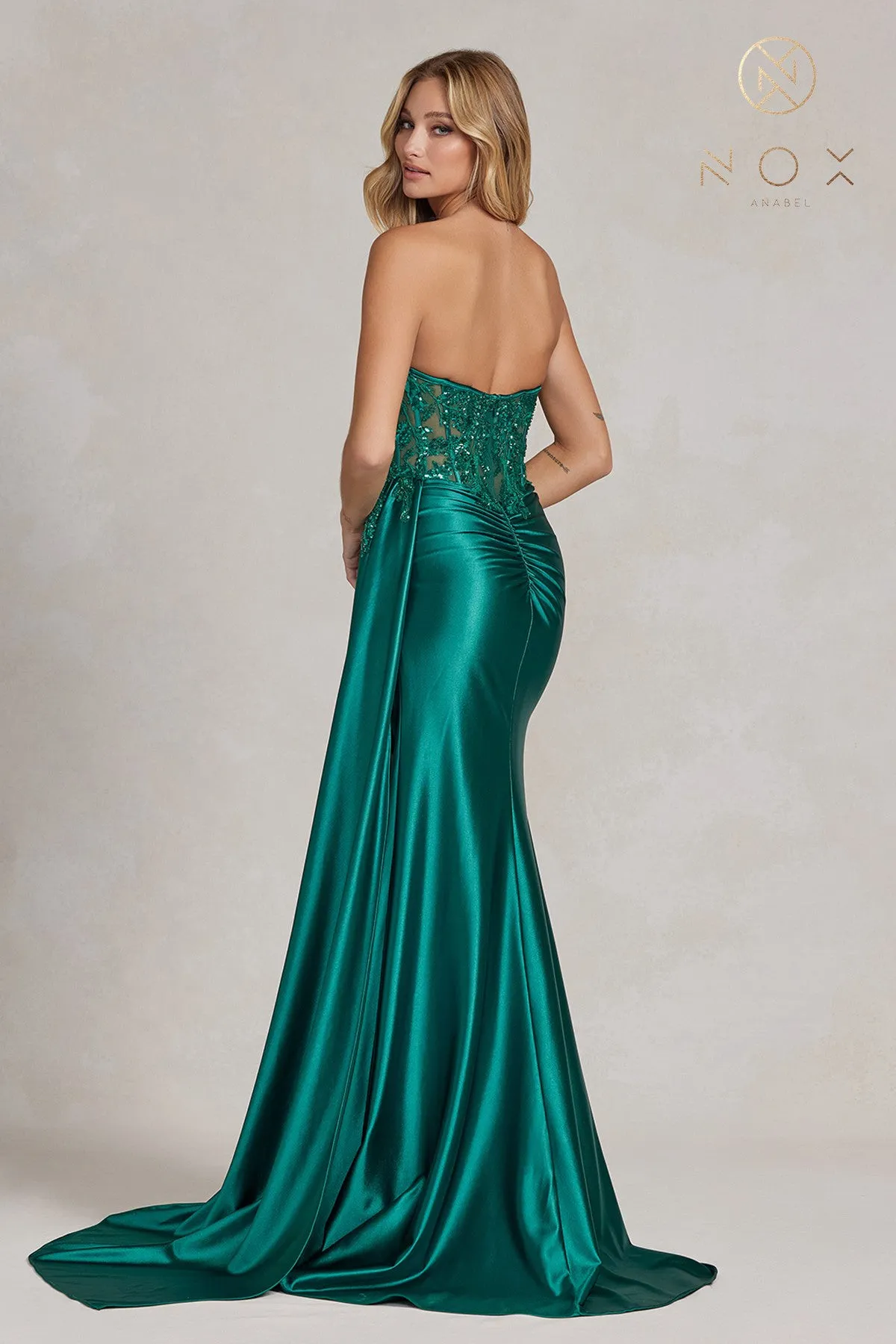 Satin Skirt Side Slit Embroidered Bodice Strapless Long Evening Dress NXE1174