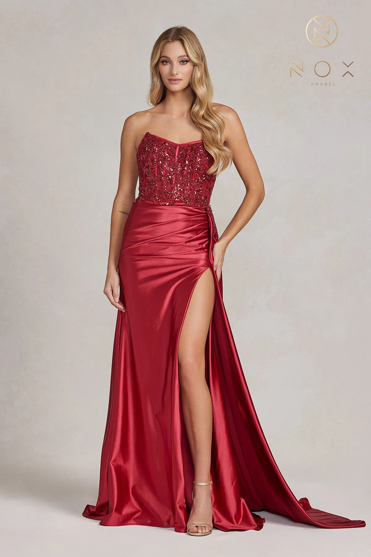 Satin Skirt Side Slit Embroidered Bodice Strapless Long Evening Dress NXE1174