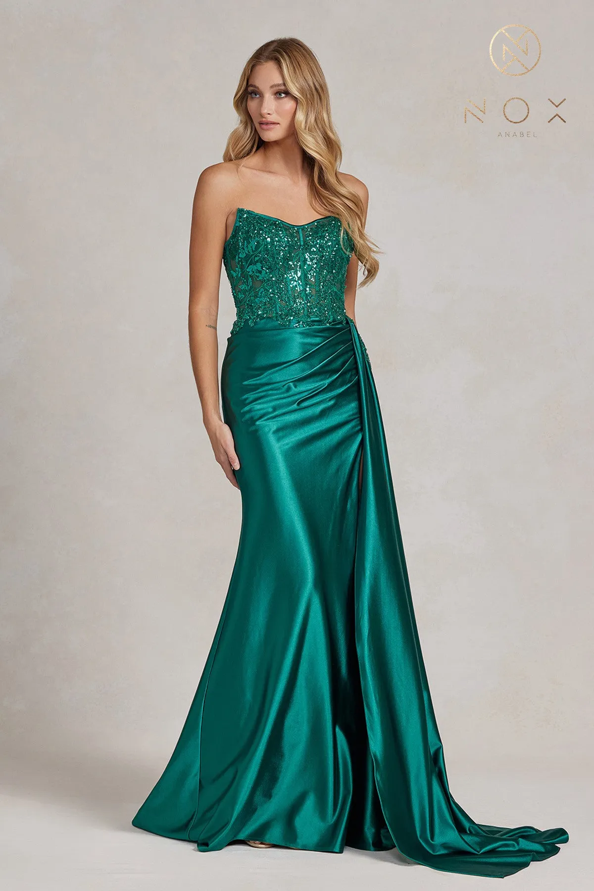 Satin Skirt Side Slit Embroidered Bodice Strapless Long Evening Dress NXE1174