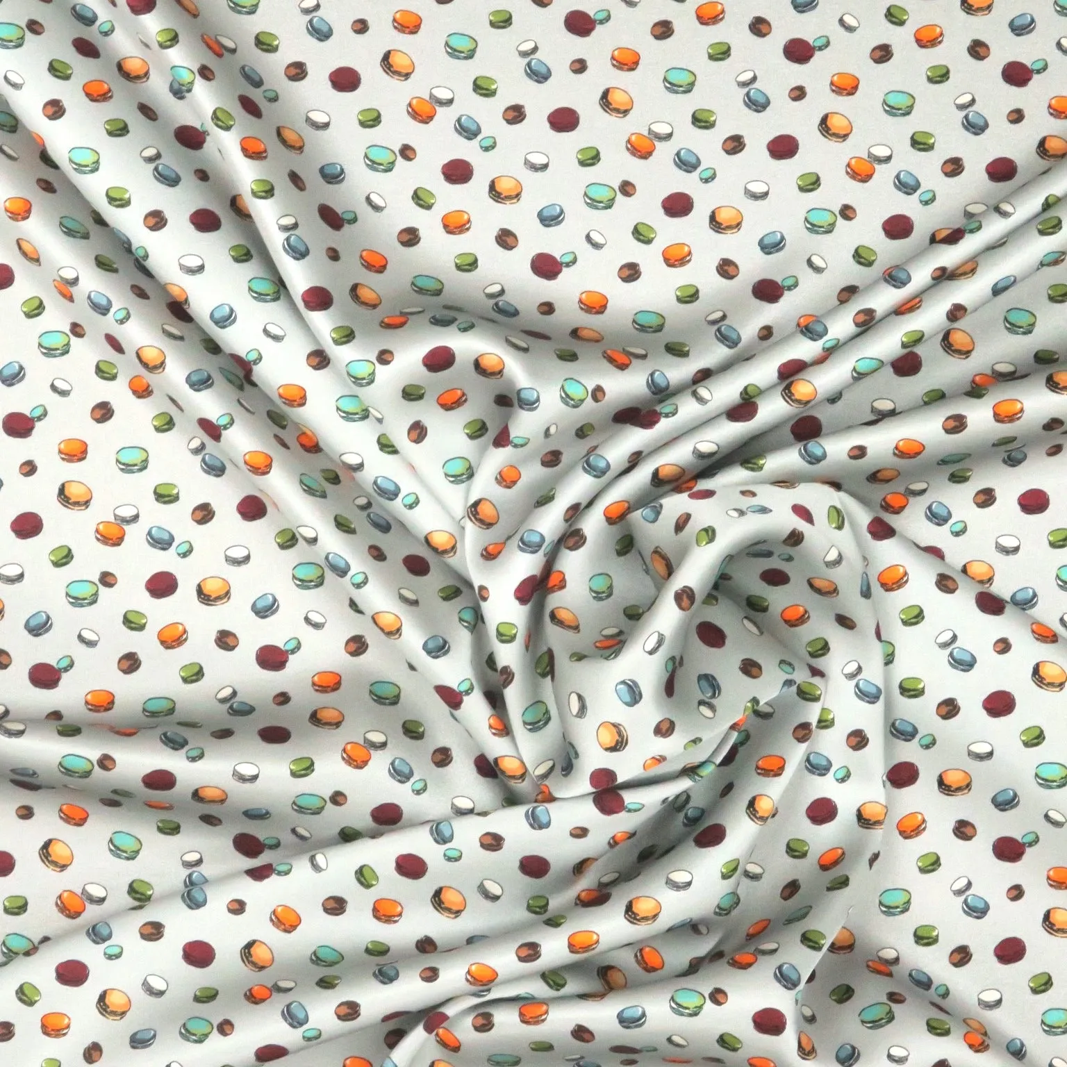 Silver Gray Background with Macarons Print Stretch Printed Satin Silk Fabric