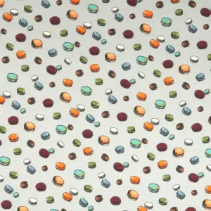 Silver Gray Background with Macarons Print Stretch Printed Satin Silk Fabric