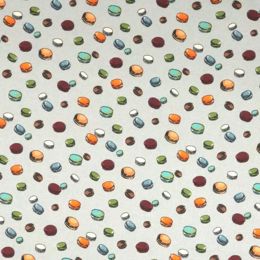 Silver Gray Background with Macarons Print Stretch Printed Satin Silk Fabric