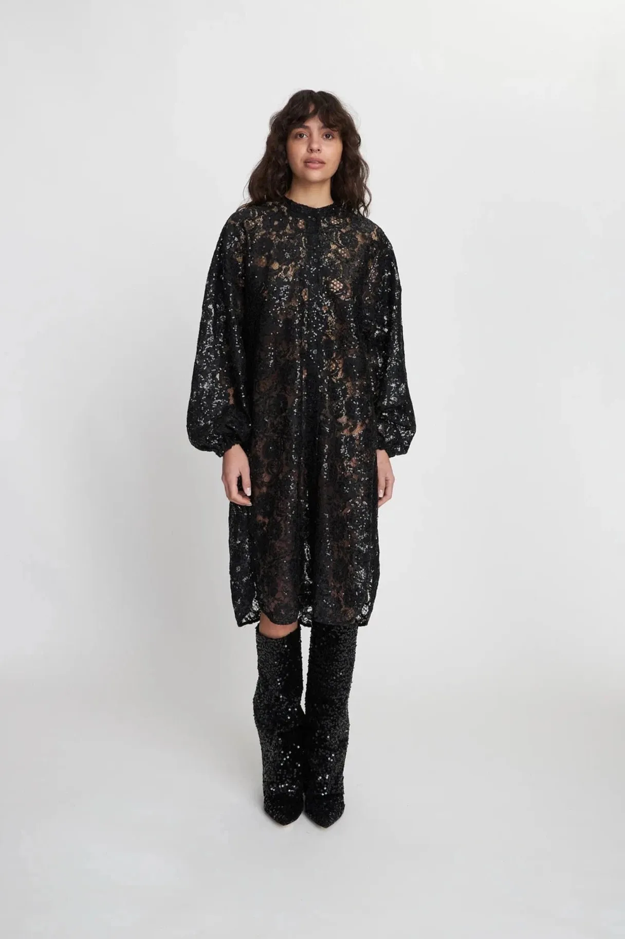 Stella Nova Black Lace Sequins Shirt Dress