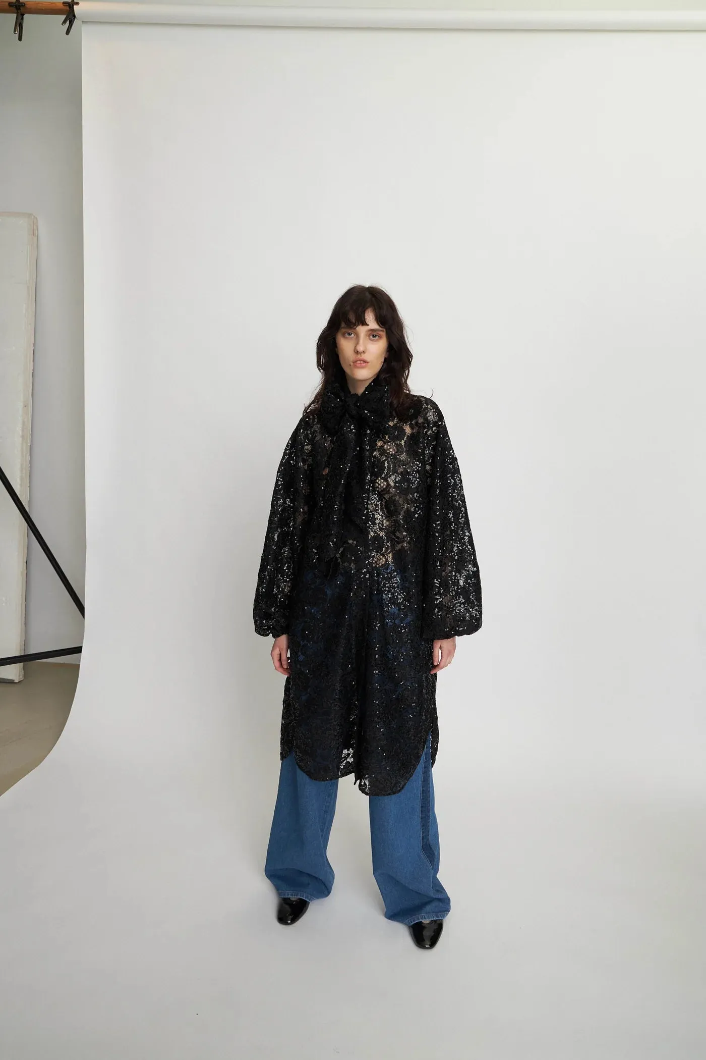 Stella Nova Black Lace Sequins Shirt Dress