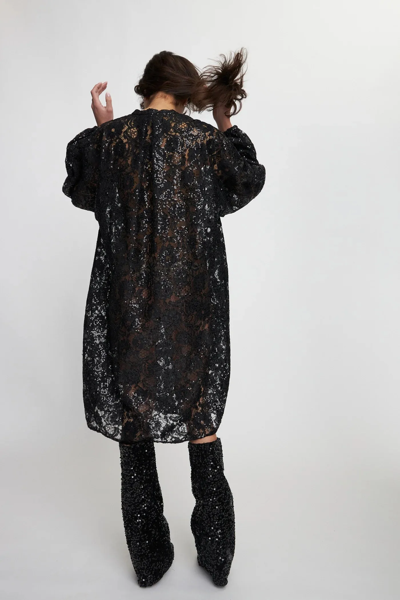 Stella Nova Black Lace Sequins Shirt Dress