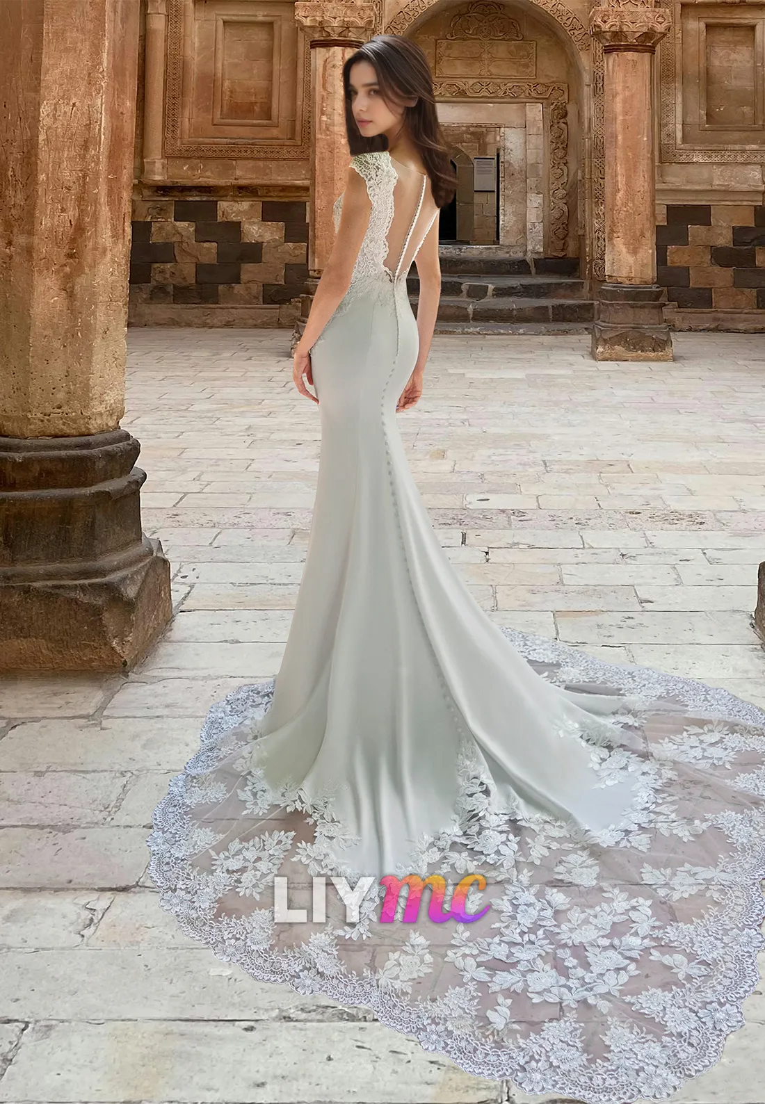 V-Neck Cap Sleeves Lace Appliques Sleek Mermaid Wedding Dress