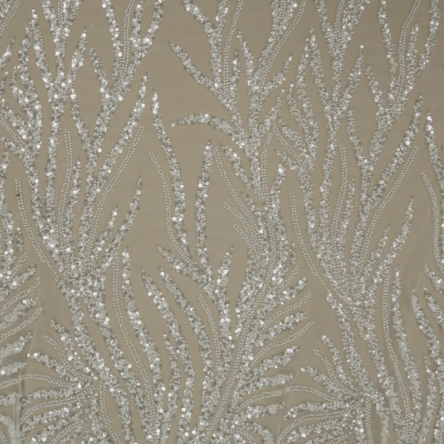 White- Silver Sequined Abstract Embroidered Tulle Fabric