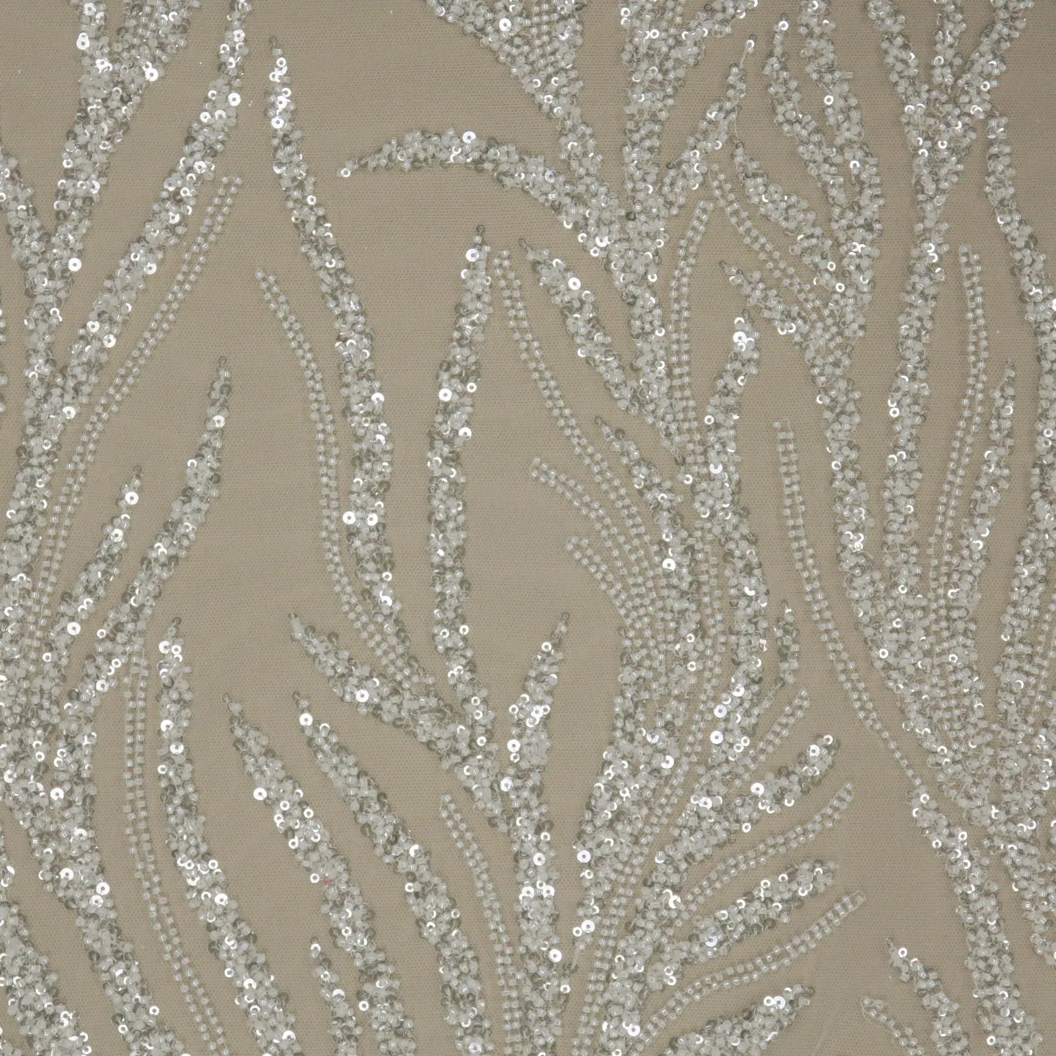 White- Silver Sequined Abstract Embroidered Tulle Fabric