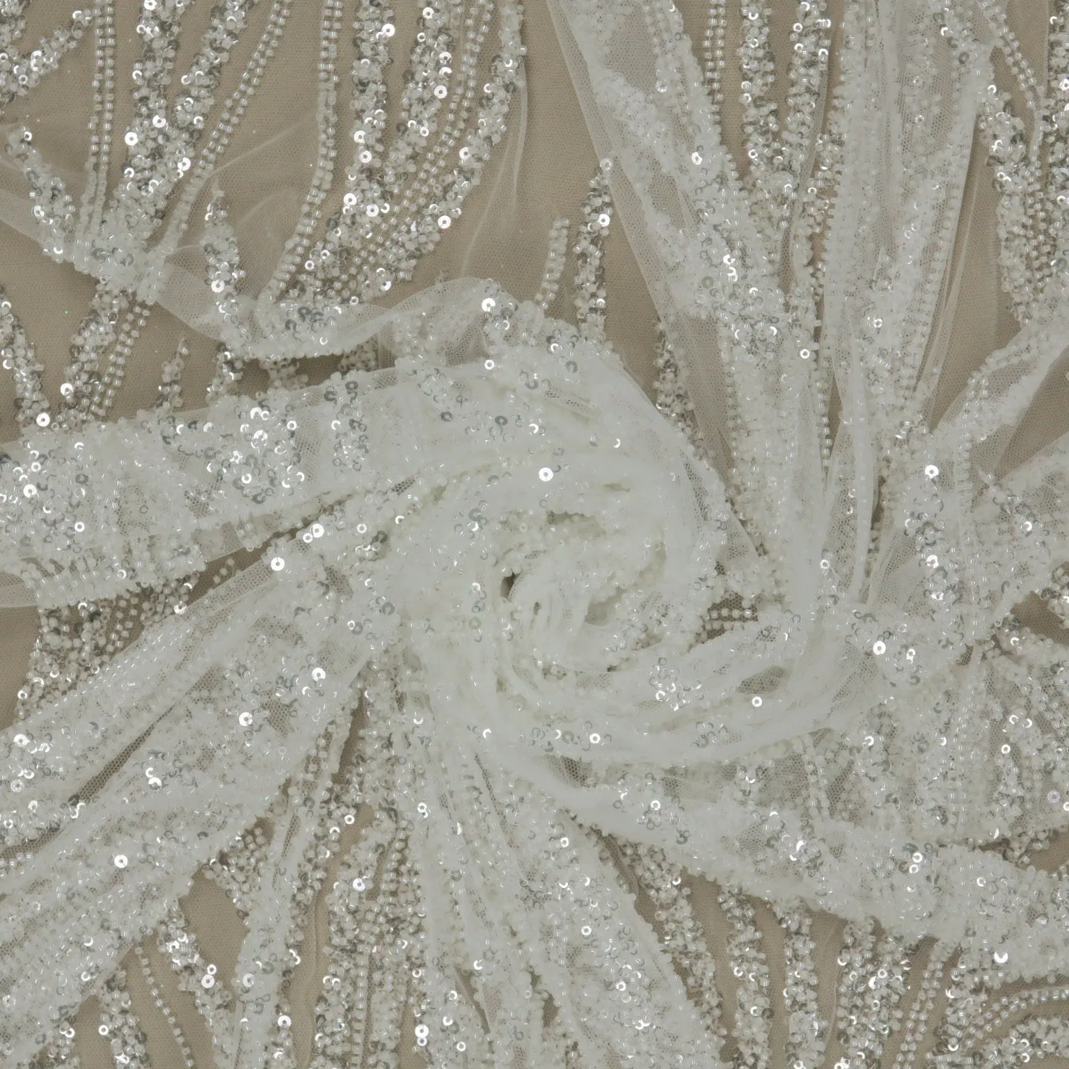 White- Silver Sequined Abstract Embroidered Tulle Fabric