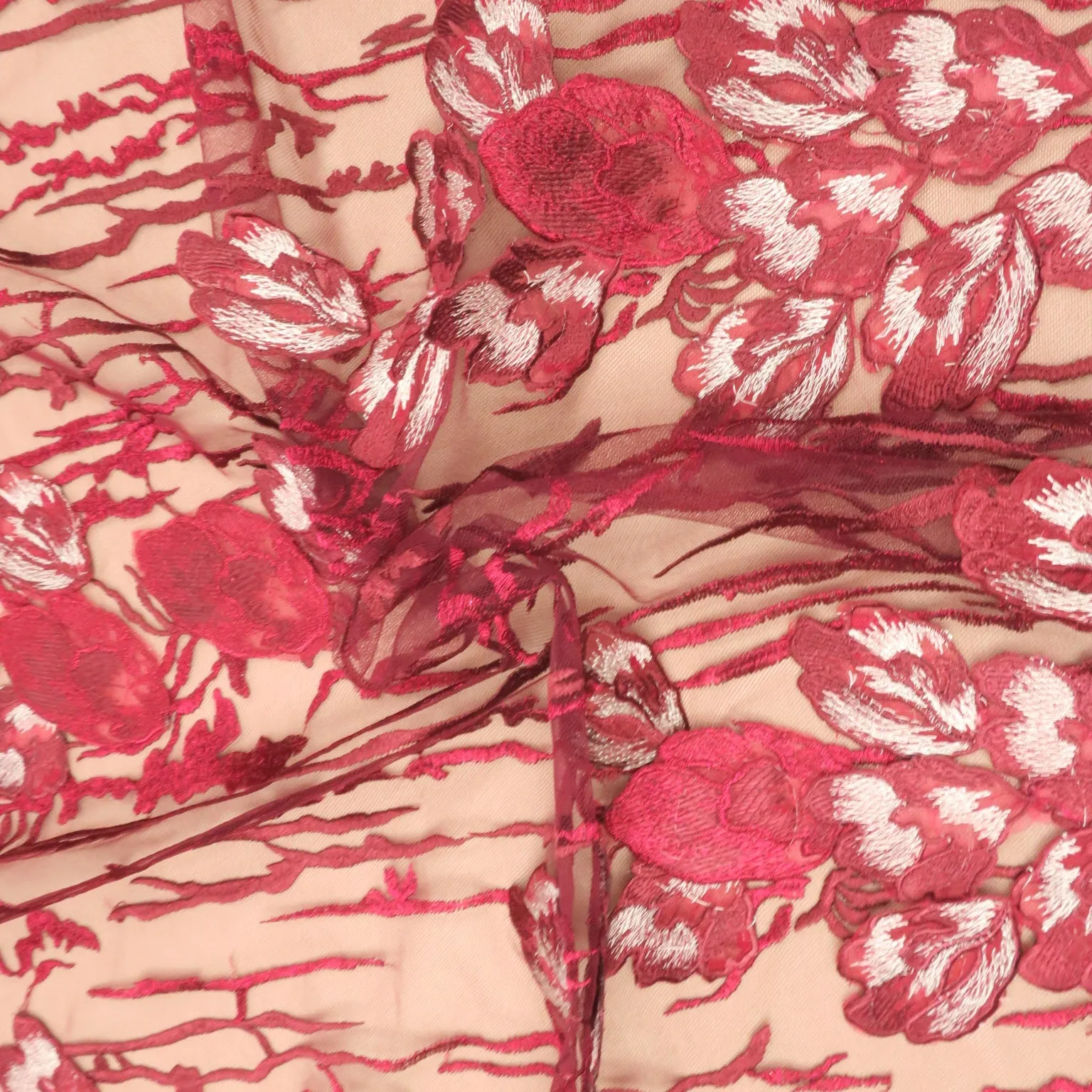 Wine Floral Abstract Embroidered Tulle Fabric