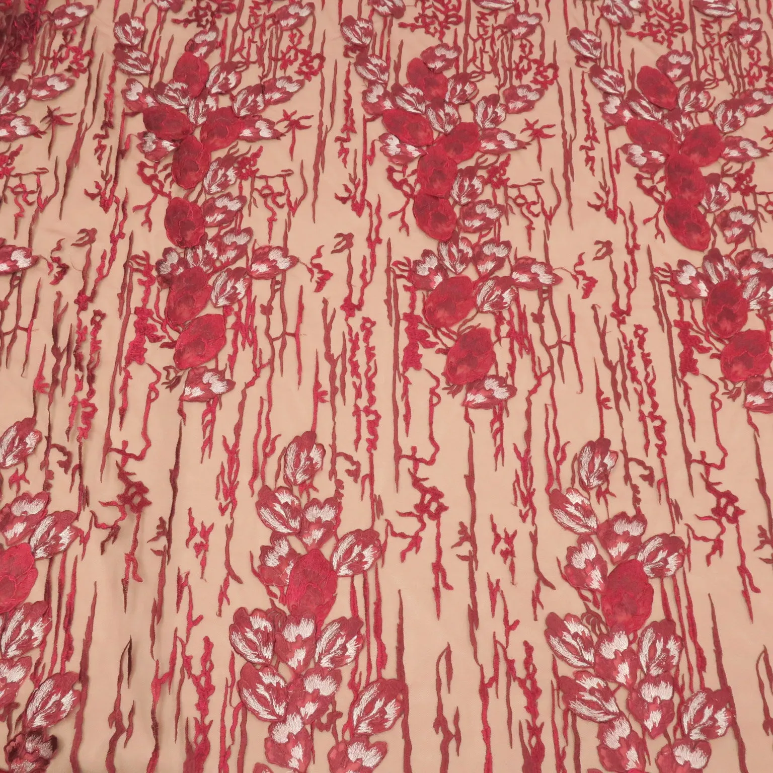 Wine Floral Abstract Embroidered Tulle Fabric