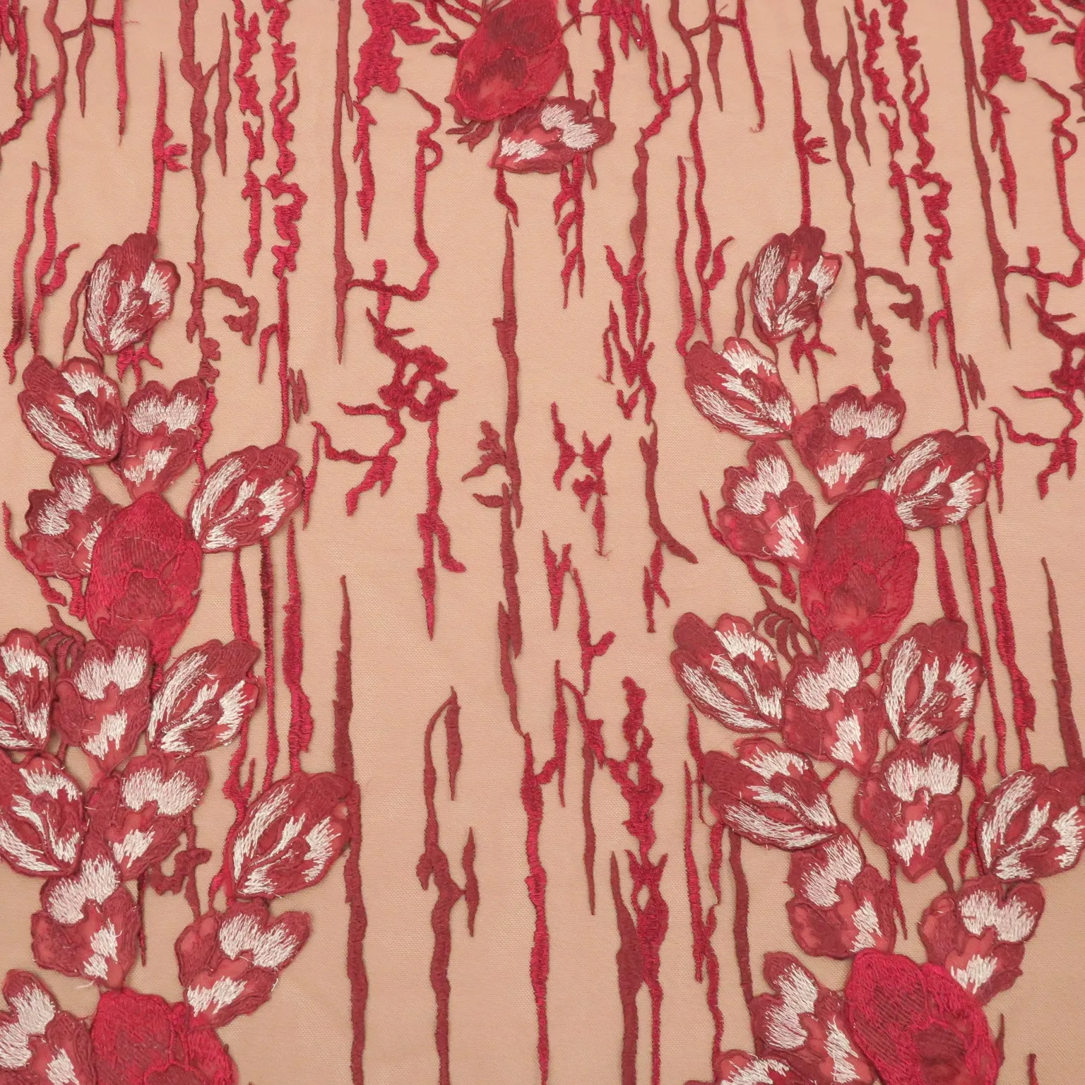 Wine Floral Abstract Embroidered Tulle Fabric