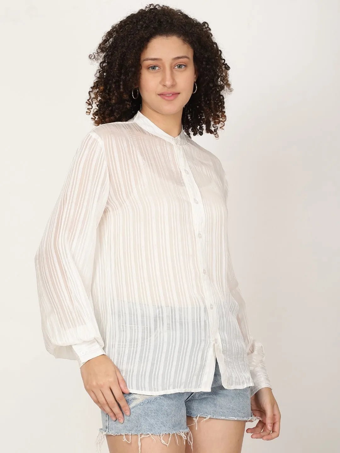 Women Pure Viscose Semi Sheer Striped casual shirt