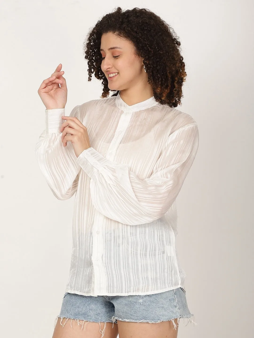 Women Pure Viscose Semi Sheer Striped casual shirt