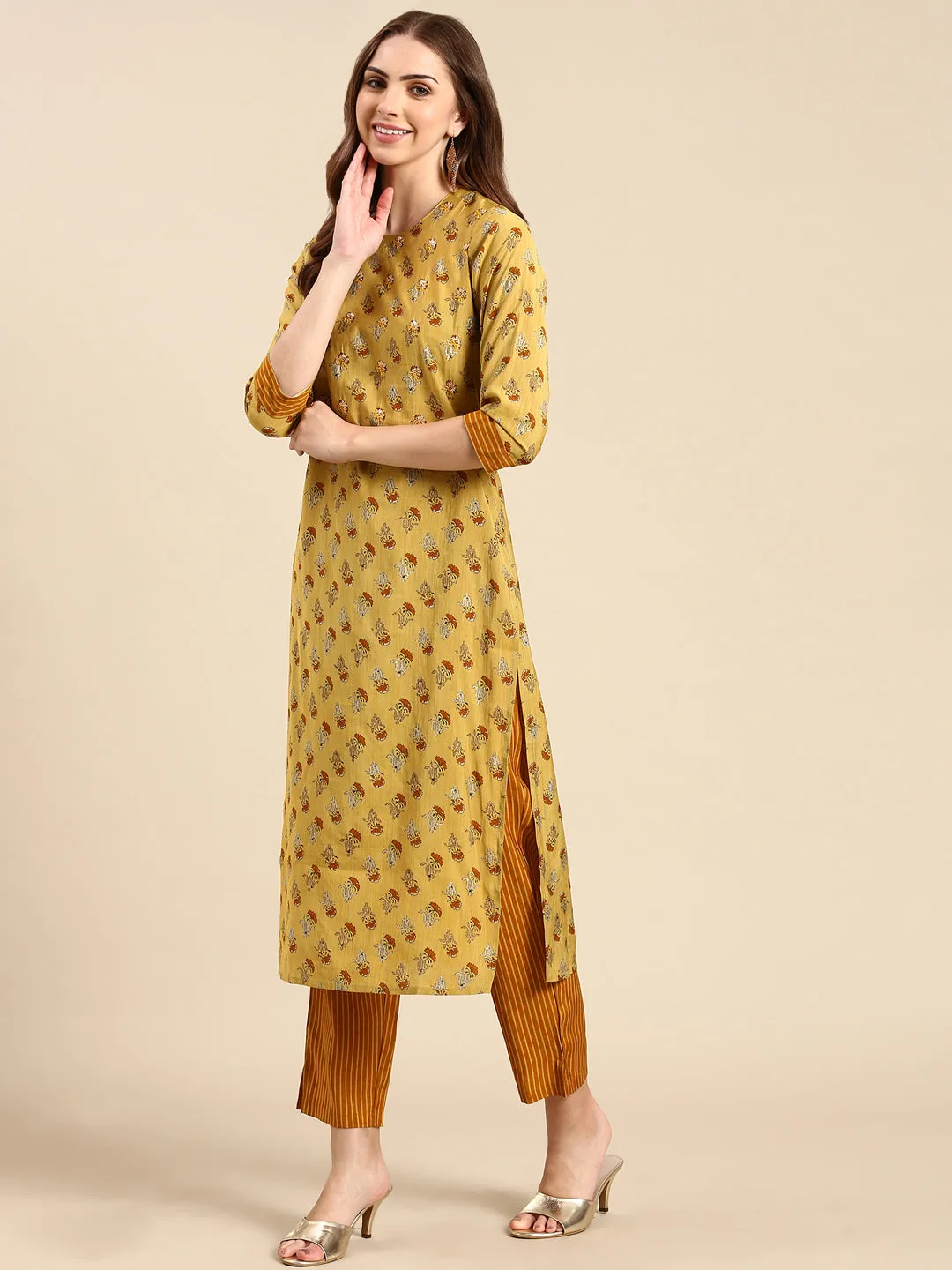 Women's Mustard Embroidered Kurta Set