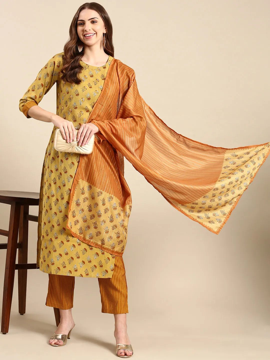 Women's Mustard Embroidered Kurta Set