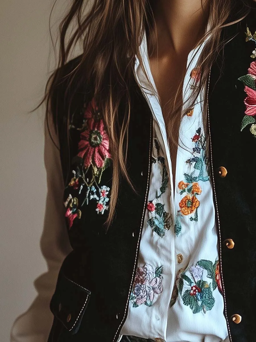 Women's Velvet Colorful Floral Embroidered Vest