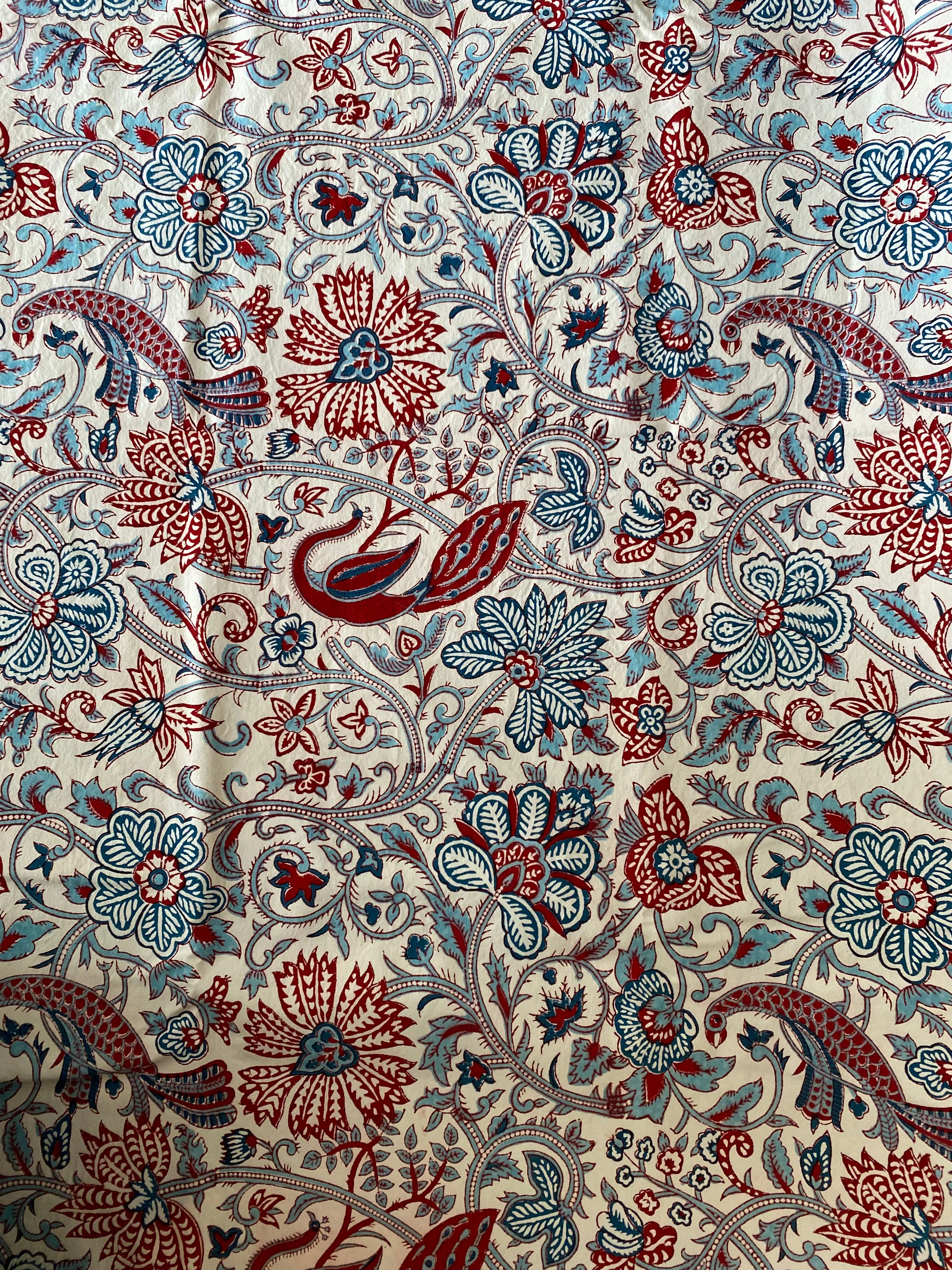 Woodblock - Floral and Birds Blue and Red