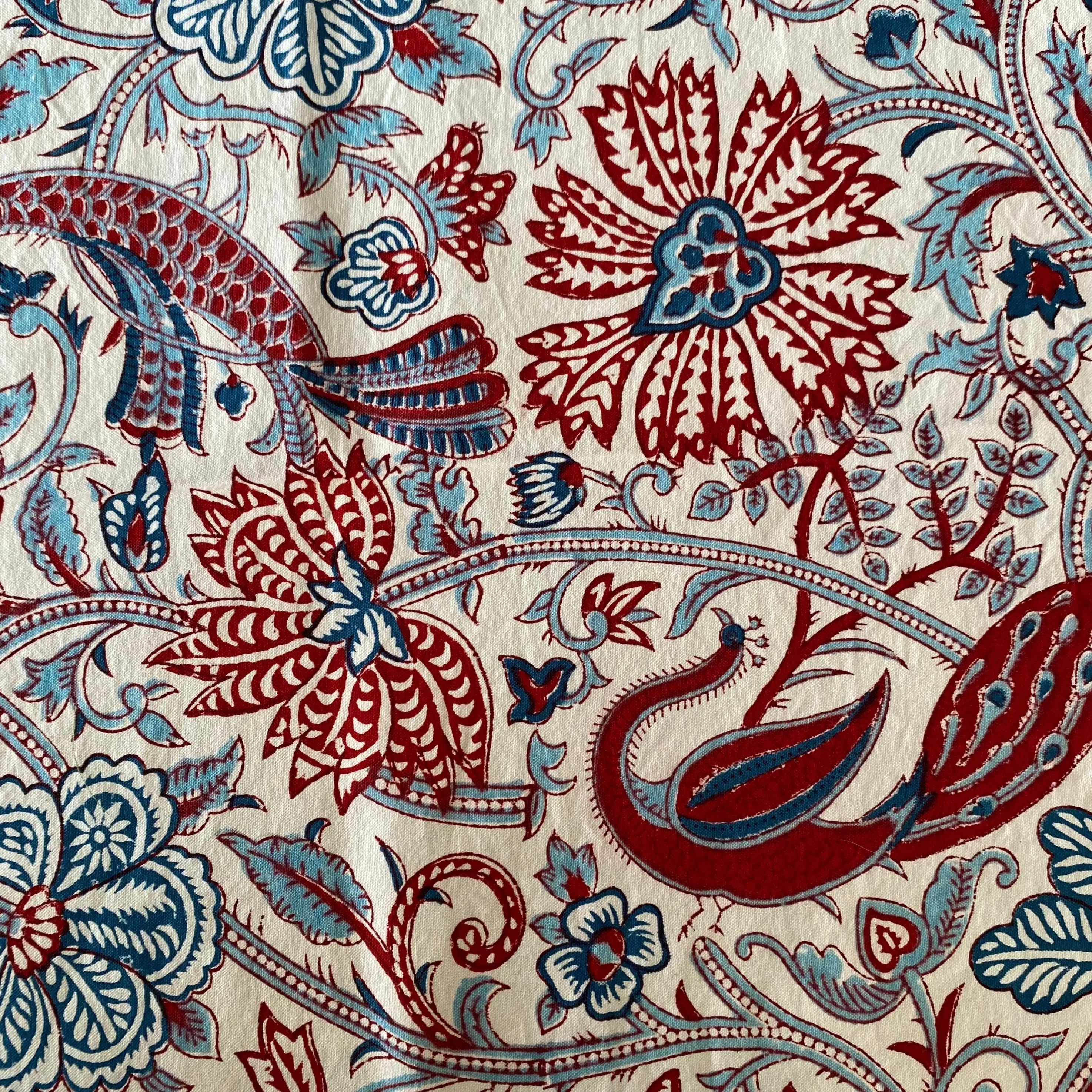 Woodblock - Floral and Birds Blue and Red